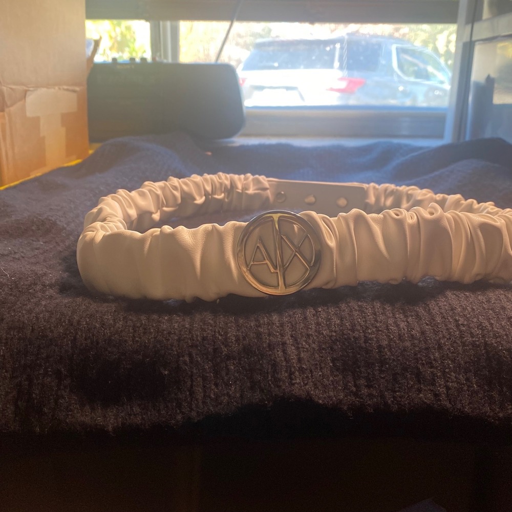 Armani Exchange AX Logo Cream White Scrunchie Elastic Waist Belt Snap Closure